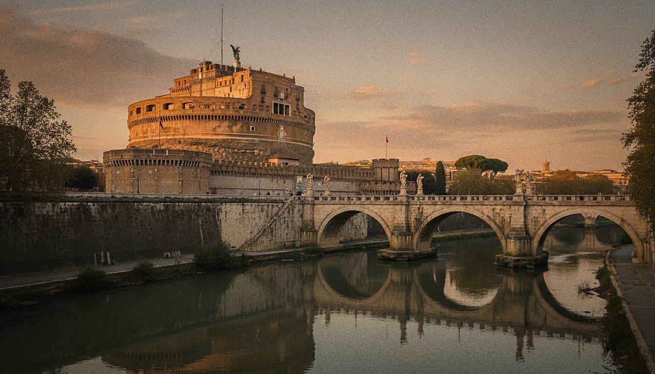 The round travertine walls and terrace of Castel Sant'Angelo overlooking the Tiber in Rome