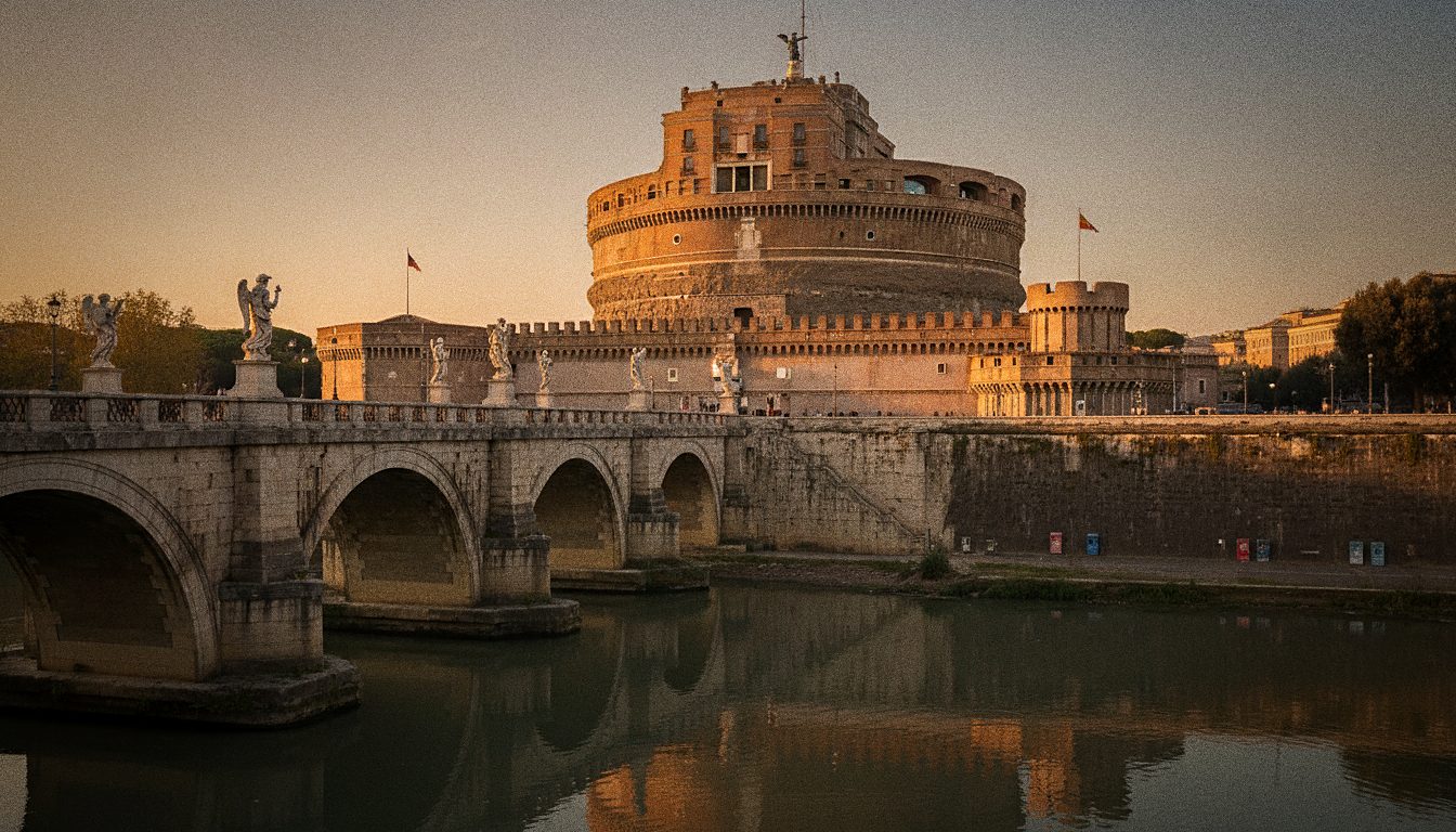 Castel Sant'Angelo, a cylindrical travertine fortress on the Tiber in Rome, with the bridge of angels in front
